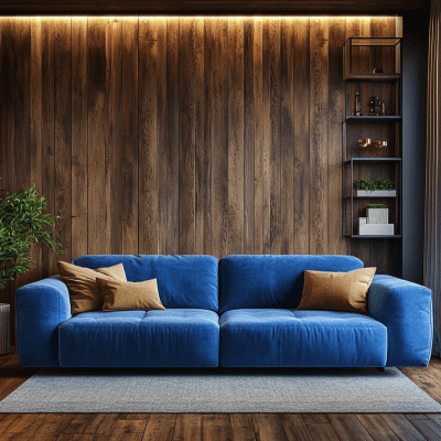 Modern Living Room Design With Blue 3-Seater Sofa And Wooden Wall Panel