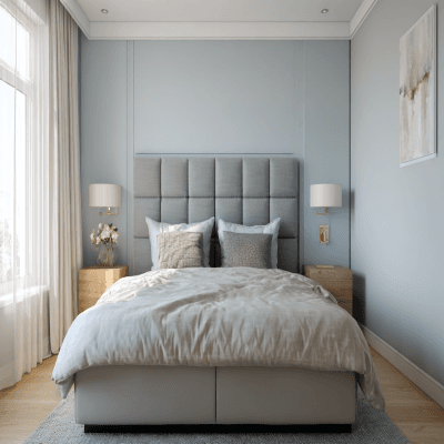 Airy Blue and Grey Wall Colour Combination for Bedroom with Upholstered Headboard and Side Lamps