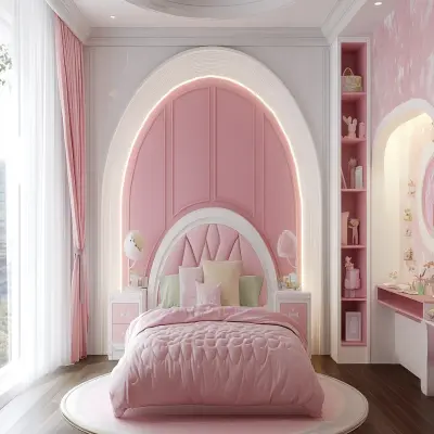 Art Deco Kids Bedroom Design With Arc Pink Panels And White Frame