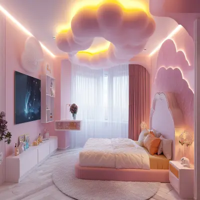 Art Deco Pink And White Kids Room Design For Girls With Cloud POP Ceiling