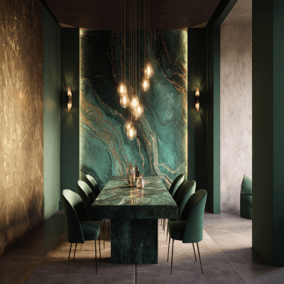 Artistic Emerald Green and Gold Wall Colour Combination for Dining Room with Marble Table and Velvet Chairs