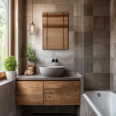 Bathroom Design with Rustic Grey Tiles and Suede Finish Vanity
