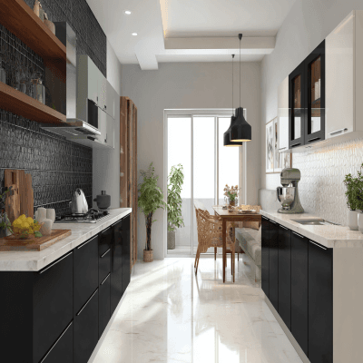 Beautiful Black and White Wall Colour Combination for Kitchen with Slim Cabinets and Breakfast Nook