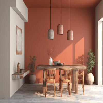 Beautiful Terracotta and Cream Wall Colour Combination for Dining Room with Wooden Table and Pendant Lights