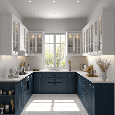 Blue and White Classic U-Shaped Kitchen Design