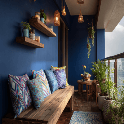Bohemian Balcony Design with Blue Wall and Wooden Shelves
