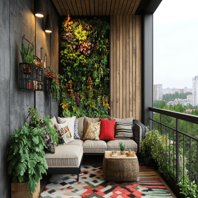 Bohemian Balcony Design with Wooden Panels and Vertical Garden