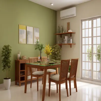 Bold Beige and Olive Green Wall Colour Combination for Dining Room with Glass Table and Wooden Chairs