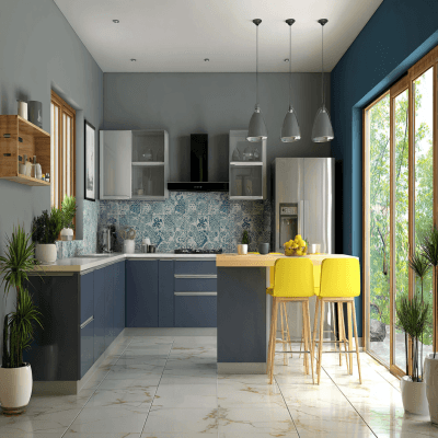Bold Grey and Blue Wall Colour Combination for Kitchen with Modular Cabinets and Pendant Lighting