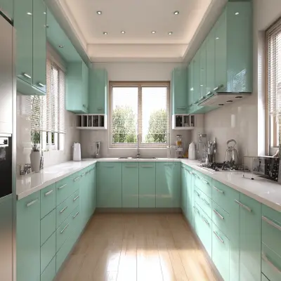 Bright Aqua Green U-Shaped Kitchen Design With Quartz Countertops