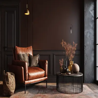 Bright Brown and Black Wall Colour Combination for Living Room with Leather Armchair and Iron Coffee Table