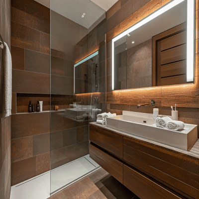 Brown-Tiled Contemporary Bathroom Design with Backlit Mirror and Wood Panelling