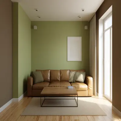 Cheerful Olive Green and Brown Wall Colour Combination for Living Room with Leather Sofa and Metal Coffee Table
