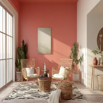 Chic Coral and White Wall Colour Combination for Living Room with Wicker Chairs and Patterned Rug