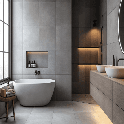 Classic Bathroom Design with Grey Tiles and Quartz Vanity Countertop