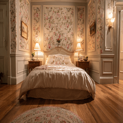 Classic Bedroom Design With A Floral Wallpaper And Wall Trims