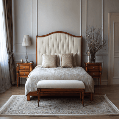 Classic Bedroom Design With A Queen Size Bed Featuring A Cream Headboard With Wooden Borders