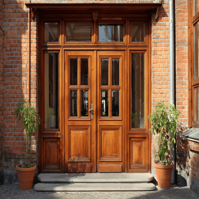 Classic Double Wooden Door Design with Glass Panels