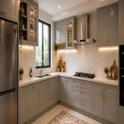 Classic Dove Grey Modular L Shape Kitchen Design With Marble Backsplash