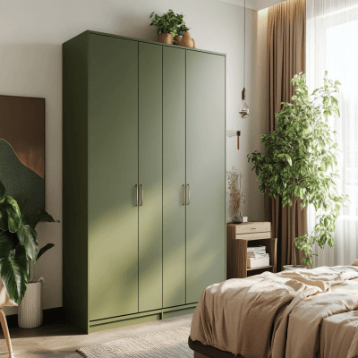 Classic Green 4-Door Swing Wardrobe Design with Matte Membrane Finish