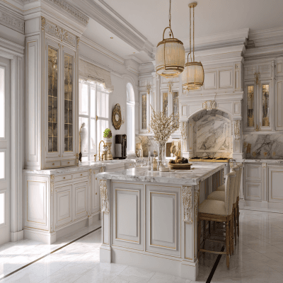 Classic Island Kitchen Design With Ornate White Cabinets and Marble Countertop