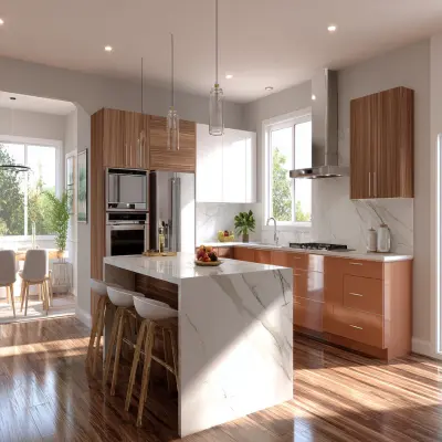 Classic Island Kitchen Design with Pomelia Cabinets and Quartz Countertops
