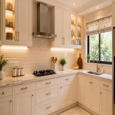 Classic L Shaped Classic Kitchen Design with Marble Countertop