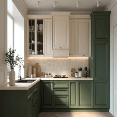 Classic L-Shaped Kitchen Design in Green and Cream With Quartz Countertop