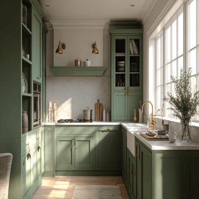 Classic L-Shaped Kitchen Design in Matte Green With Quartz Countertop
