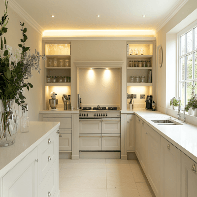 Classic L-Shaped Kitchen Design in Off White With Cream Cabinets