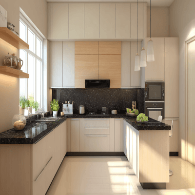 Classic L-Shaped Kitchen Design with Peninsula and Black Granite Countertops