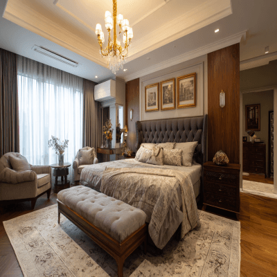 Classic Master Bedroom Design with King Bed and Black Wooden Accents