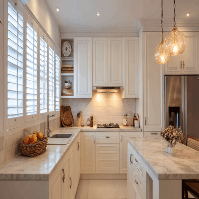 Classic Off-White Kitchen Design with L-Shaped Layout with Peninsula