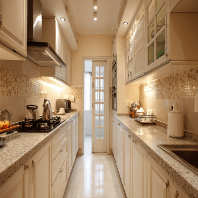 Classic Parallel Kitchen Design in Off White with Granite Countertop
