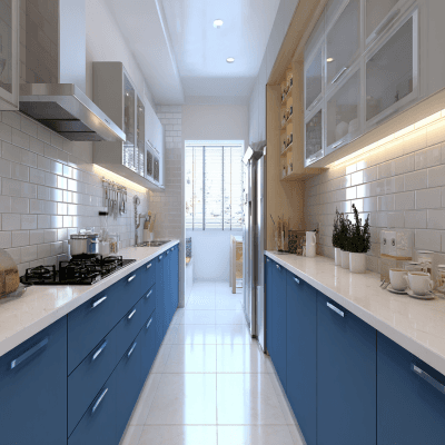 Classic Parallel Kitchen Design with Denim Suedette Cabinets