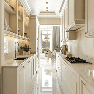 Classic Parallel Kitchen Design with Panelled Doors in Off White