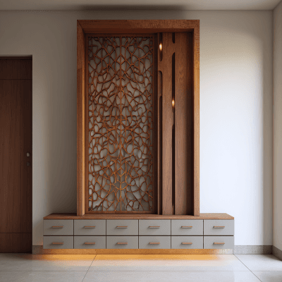 Classic Pooja Room Design With Jali Panelling