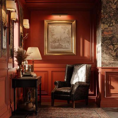 Classic Terracotta Red Wall Paint Design With Wooden Wall Panelling and Ornate Wallpaper