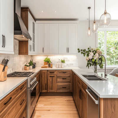 Classic U-Shaped Kitchen Design in Acacia and White with Quartz Top