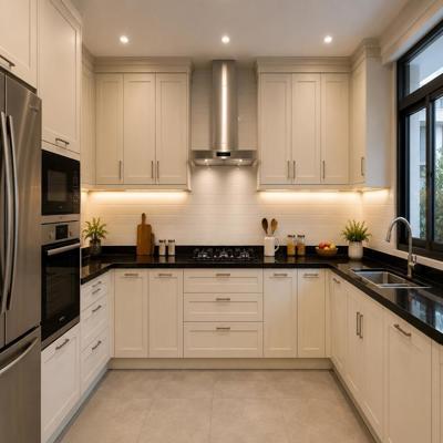 Classic U Shaped Modular Kitchen Design With Black Granite Countertop