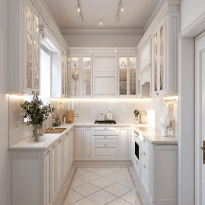 Classic White U-Shaped Kitchen Design with Glass Cabinets and Molding