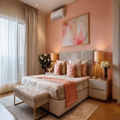 Comfortable Peach and Cream Wall Colour Combination for Bedroom with Upholstered Bed and Bedside Lamps