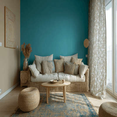 Comfortable Turquoise and Beige Wall Colour Combination for Living Room with Woven Sofa and Patterned Curtains