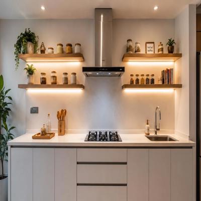 Compact Kitchen with Floating Shelves and Open Counter