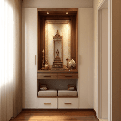 Compact Pooja Room Design With Minimal Storage Solutions