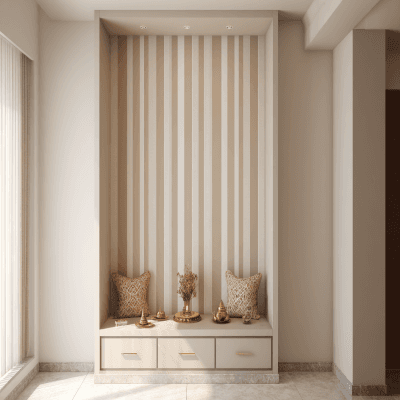 Compact Pooja Room Design With Striped Wallpaper