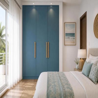 Contemporary 2 Door Blue And White Swing Wardrobe Design With Dressing Table And Mirror