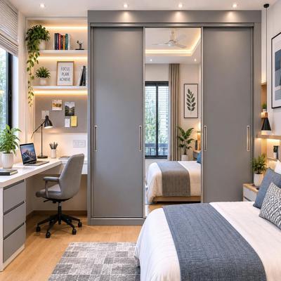 Contemporary 3 Door Grey Sliding Wardrobe Design With Mirror Panels And Compact Study Unit