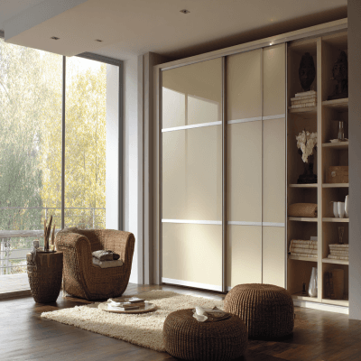 Contemporary 3-Door Sliding Wardrobe Design in Champagne and Ivory Finish