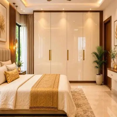 Contemporary 4 Door Swing Wardrobe Design in Irish Cream